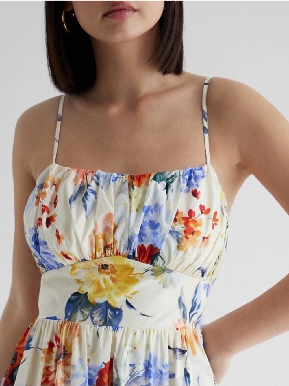 NWT: Express Floral Ruched Poplin Cream Mini Dress Floral Print Fun Flirty Sweet